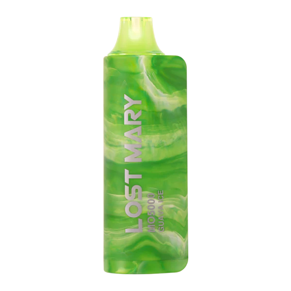 Close-up of Guava Ice Lost Mary MO5000 vape juice bottle with tropical fruit design on a white background